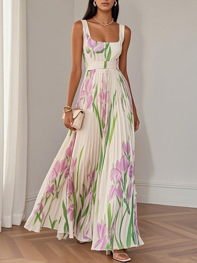 Marie White Pleated Floral Chiffon Maxi Dress