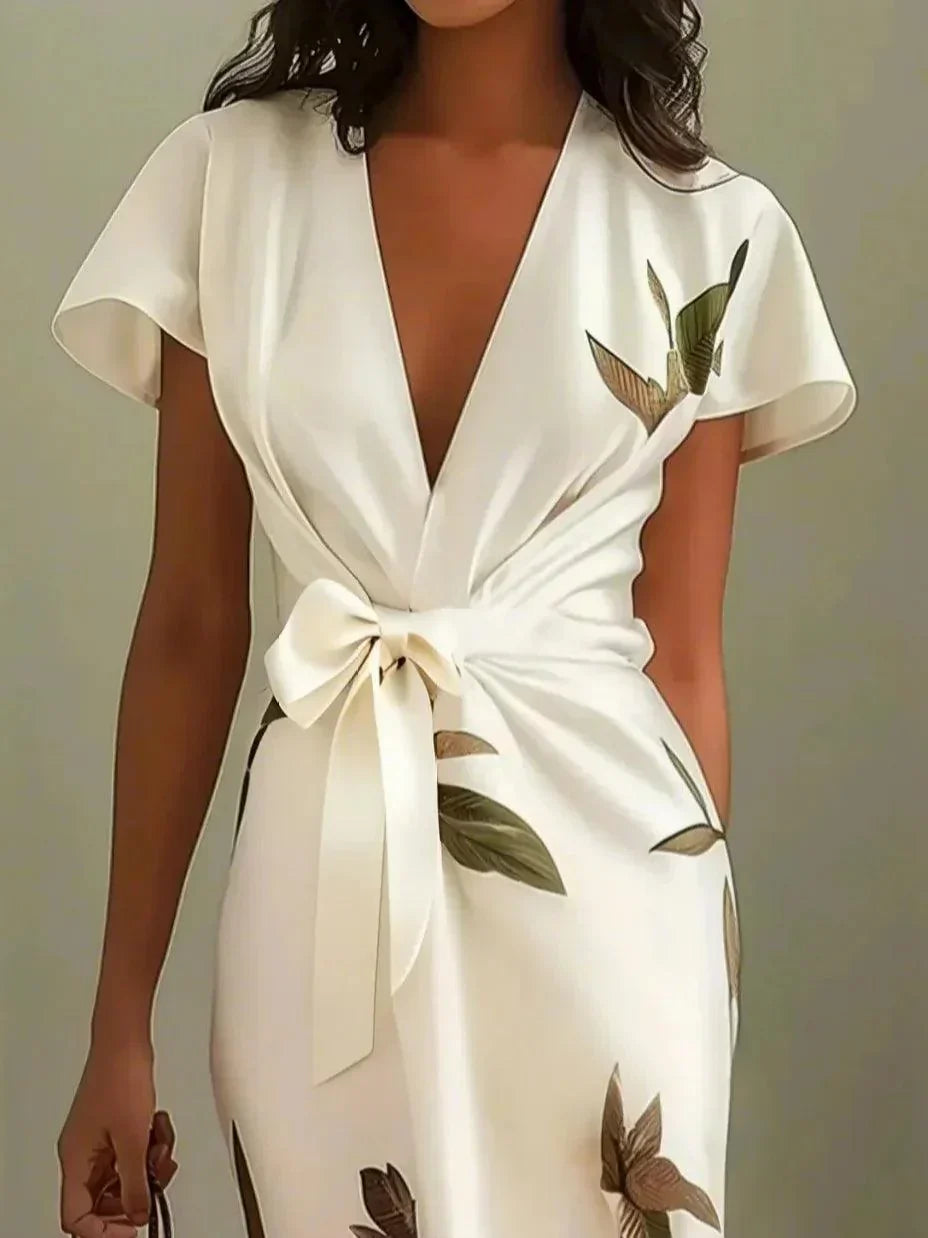 Judy™ | White Leaf Short Sleeve Satin Midi Dress