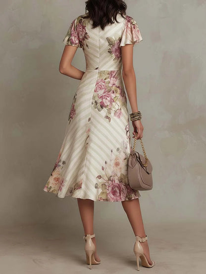 Margaret Vintage Floral Satin Midi Dress