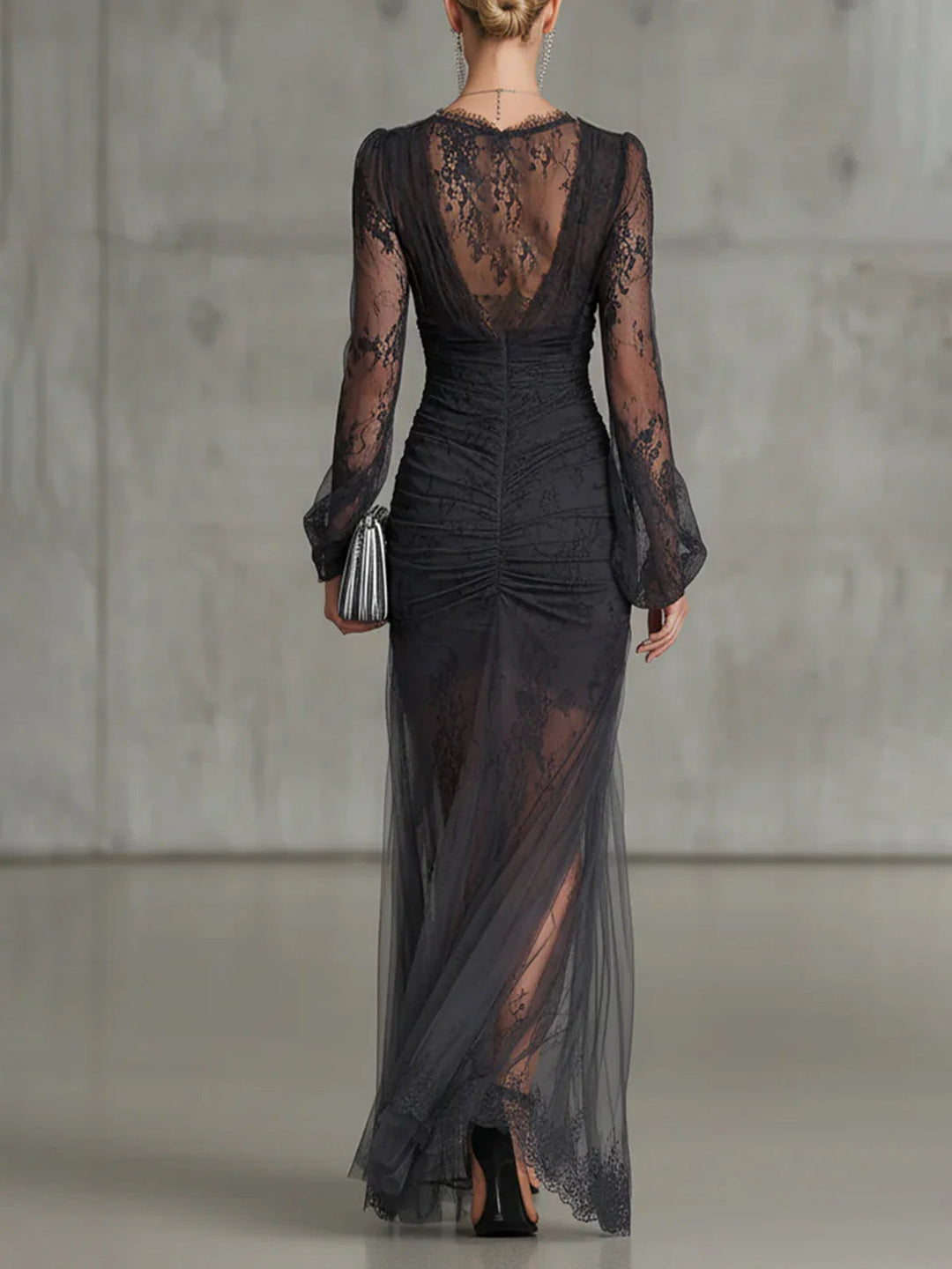 Sofia™ | Dark Grey Lace Ruched Maxi Dress