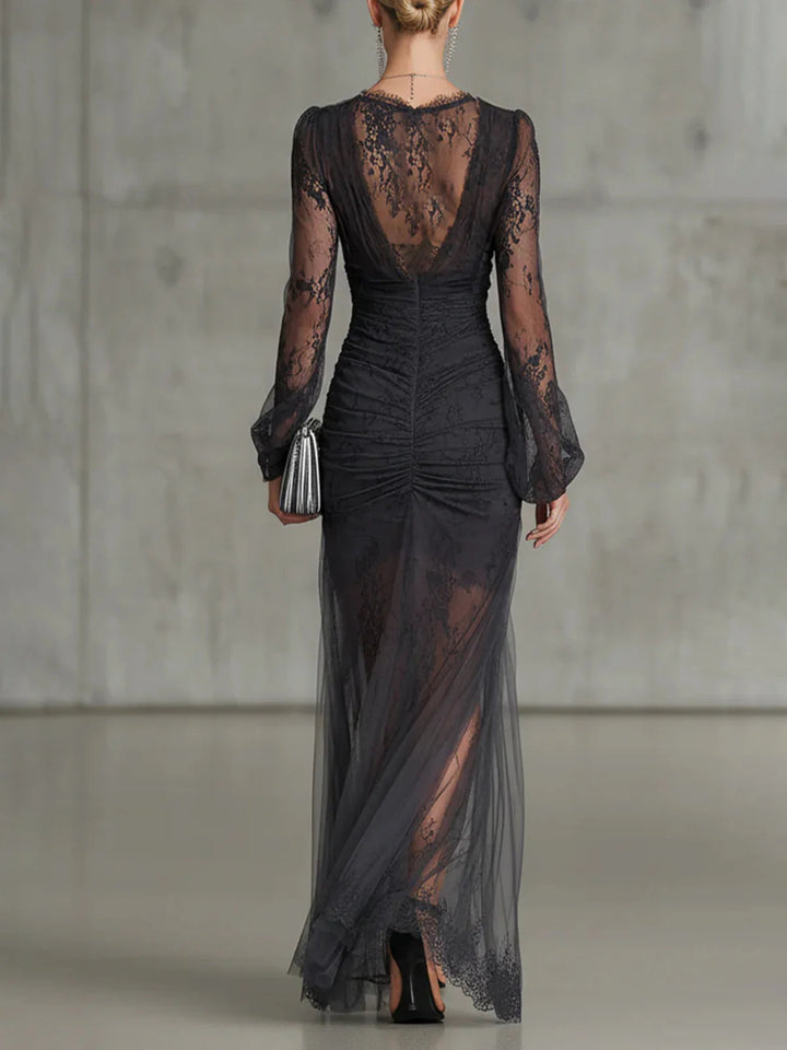Sofia™ | Dark Grey Lace Ruched Maxi Dress