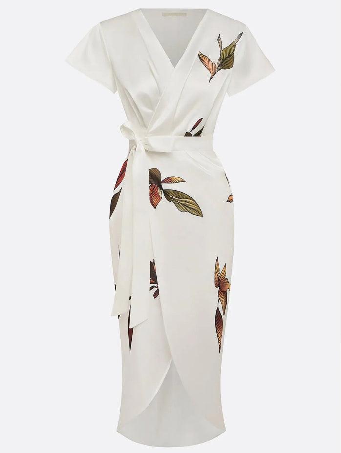 Judy™ | White Leaf Short Sleeve Satin Midi Dress