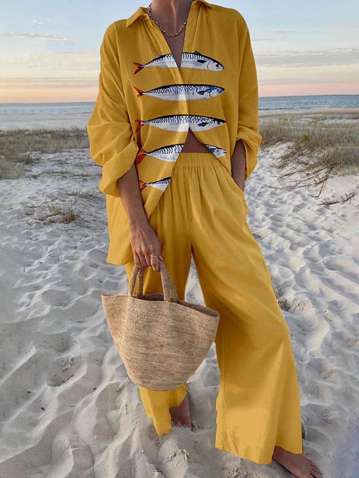 Mae™ | Island Style Ocean Print Oversized Shirt and Elastic Waist Pocket Pants Set