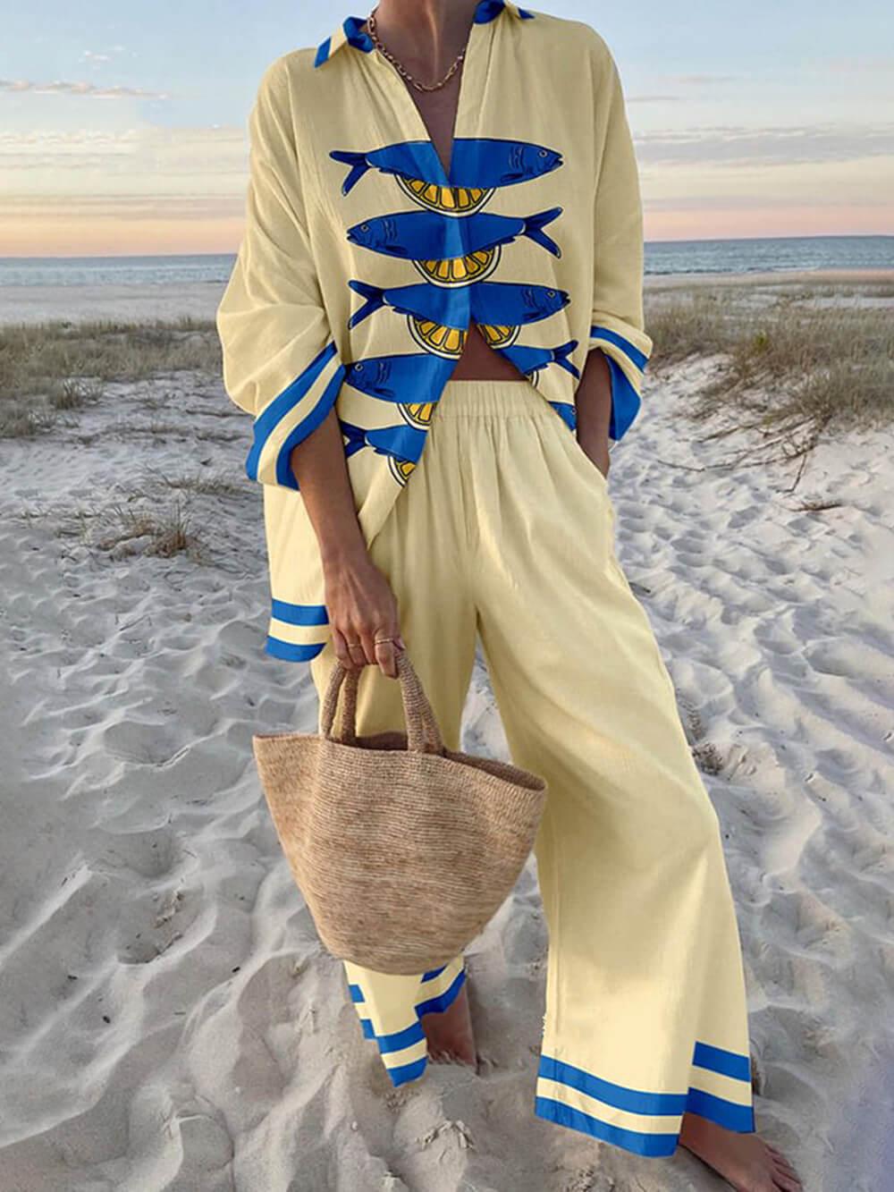 Mae™ | Island Style Ocean Print Oversized Shirt and Elastic Waist Pocket Pants Set