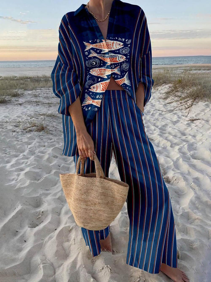 Mae™ | Island Style Ocean Print Oversized Shirt and Elastic Waist Pocket Pants Set