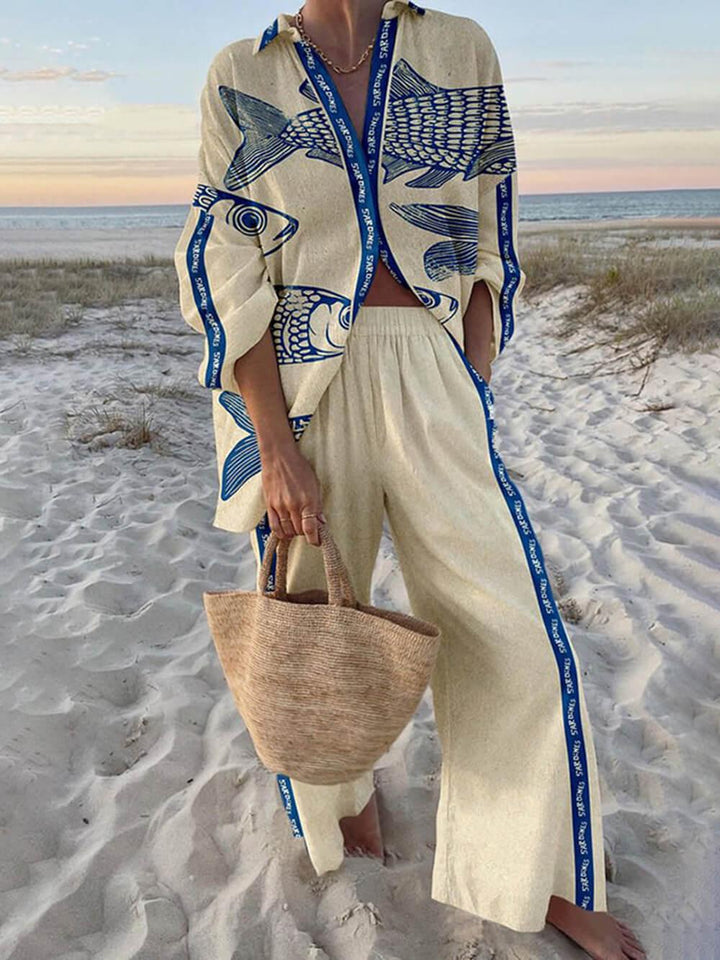 Mae™ | Island Style Ocean Print Oversized Shirt and Elastic Waist Pocket Pants Set