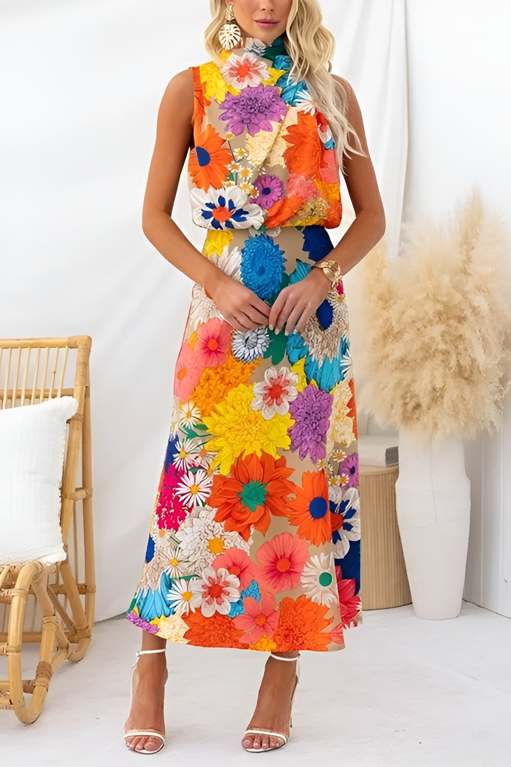 Summer™ | Sleeveless Tie Neck Waisted Floral Print Maxi Dress
