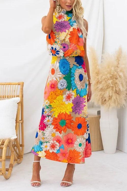 Summer™ | Sleeveless Tie Neck Waisted Floral Print Maxi Dress