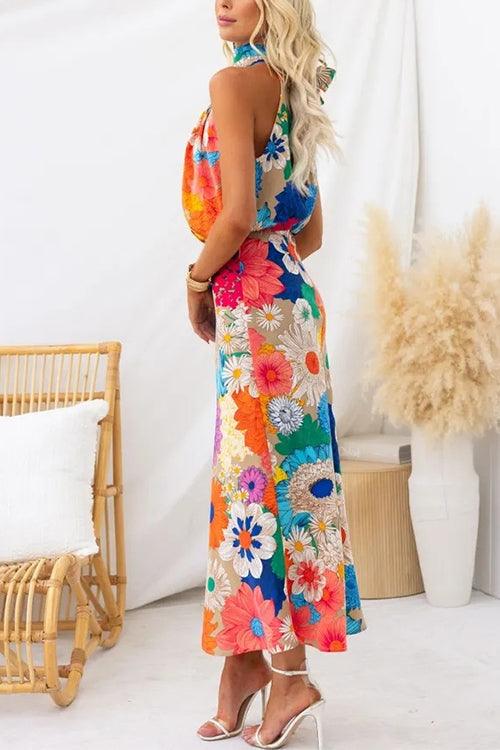 Summer™ | Sleeveless Tie Neck Waisted Floral Print Maxi Dress
