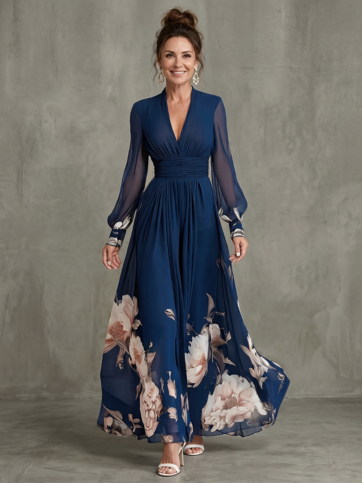 Viviana Pleated Sheer Sleeves Maxi Dress