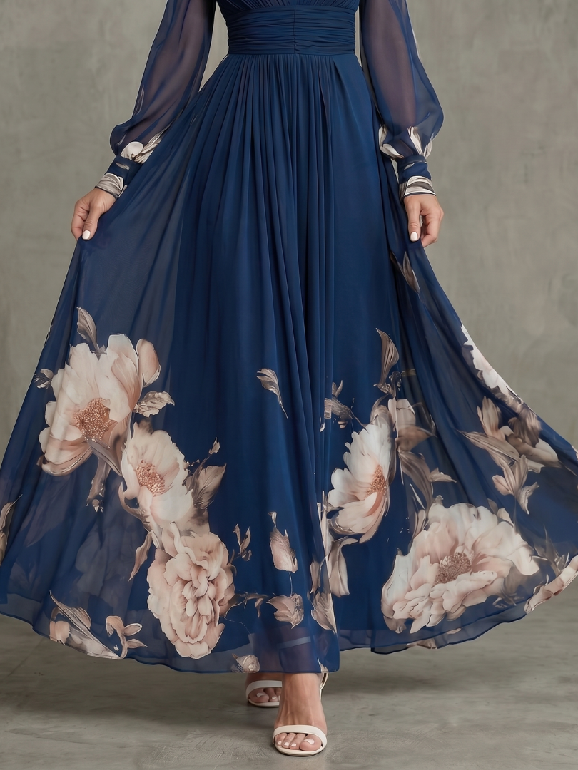 Viviana Pleated Sheer Sleeves Maxi Dress