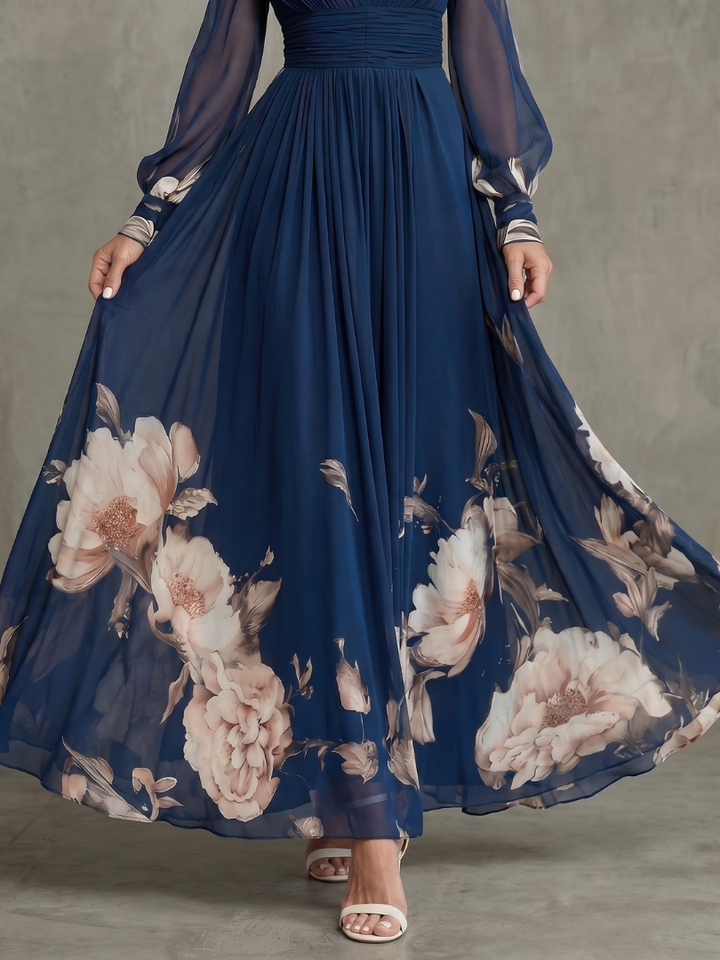 Viviana Pleated Sheer Sleeves Maxi Dress