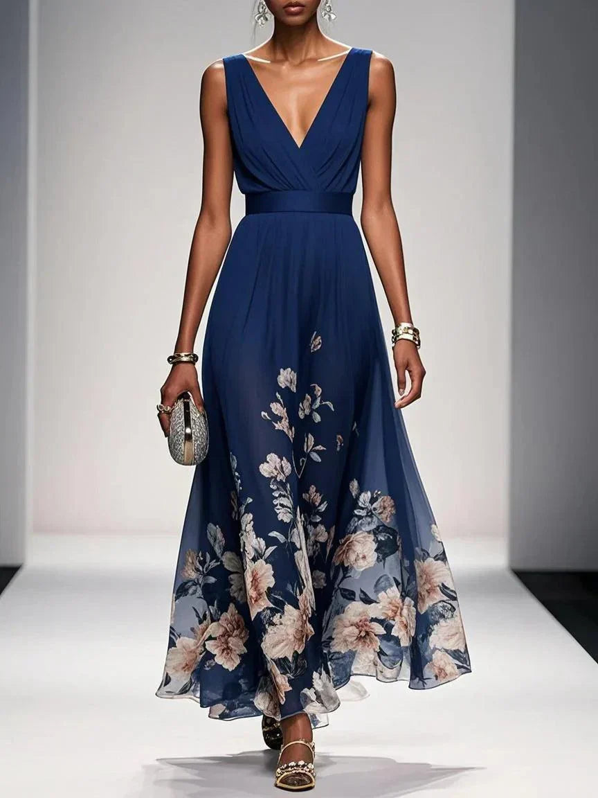 Rose™ | Light Blue Floral Chiffon V-Neck Maxi Dress