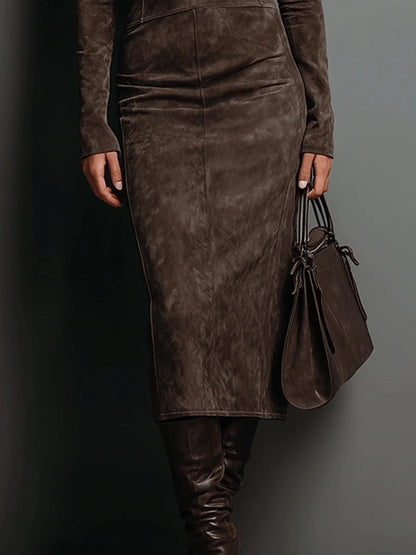 Robine Long Sleeve Suede Midi Dress