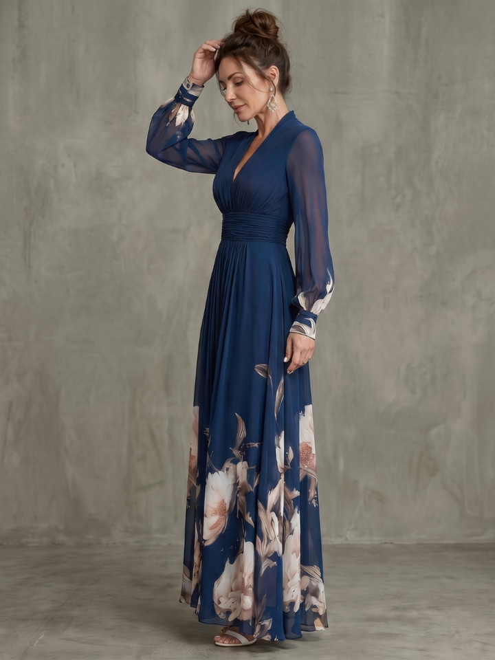 Viviana Pleated Sheer Sleeves Maxi Dress