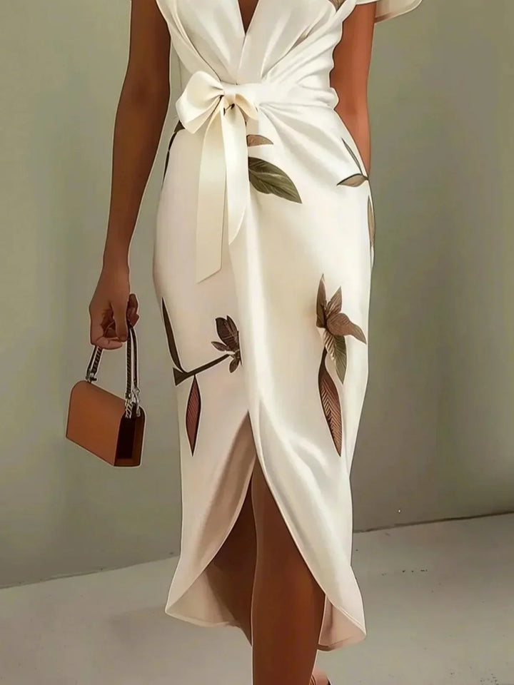 Judy™ | White Leaf Short Sleeve Satin Midi Dress