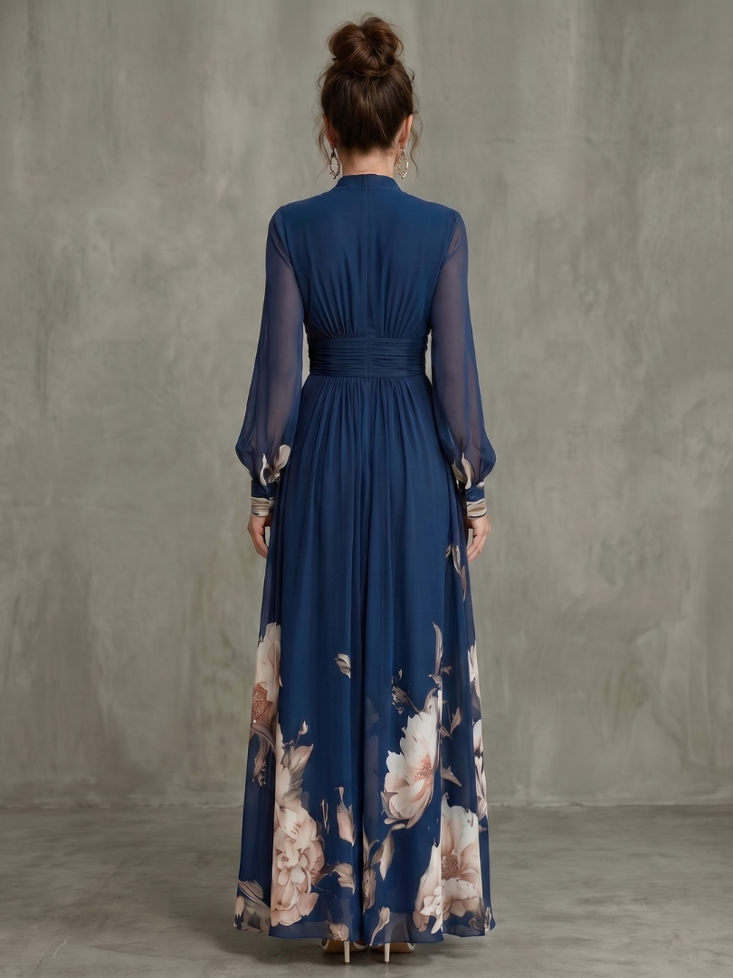Viviana Pleated Sheer Sleeves Maxi Dress