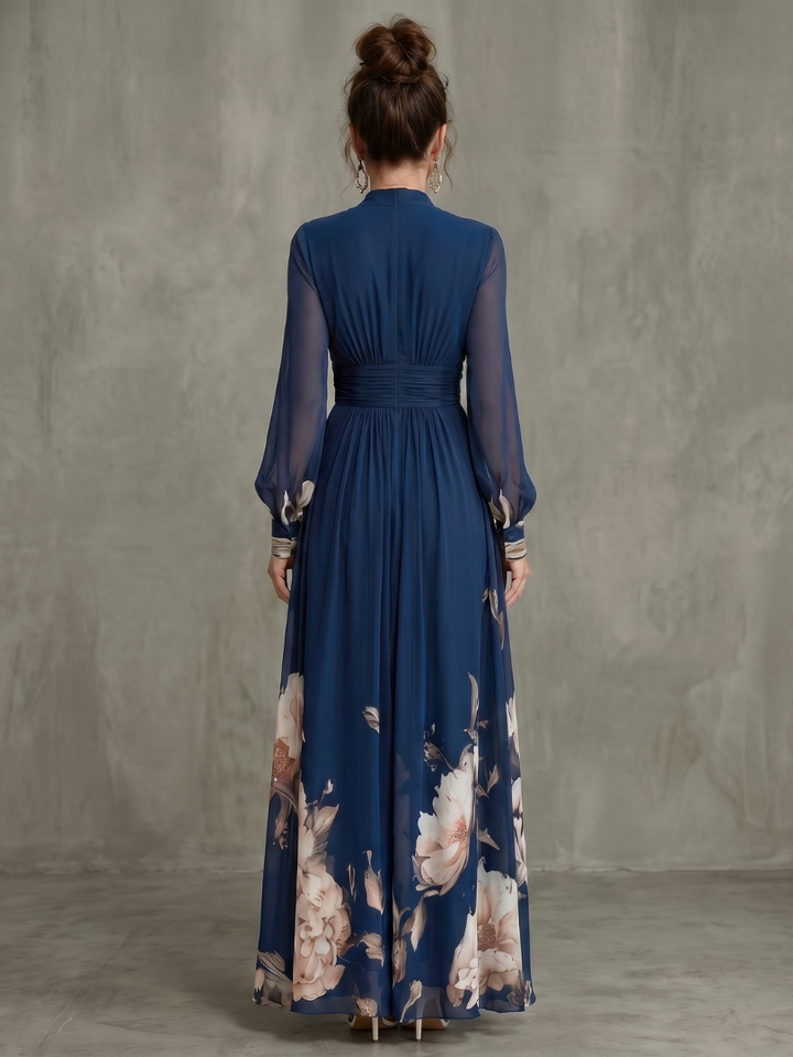 Viviana Pleated Sheer Sleeves Maxi Dress