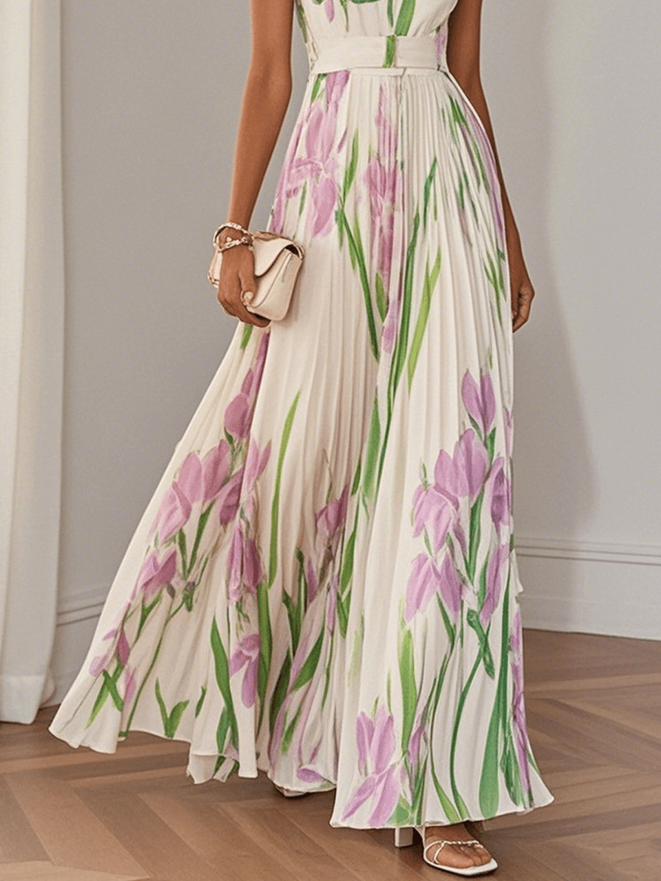 Marie White Pleated Floral Chiffon Maxi Dress