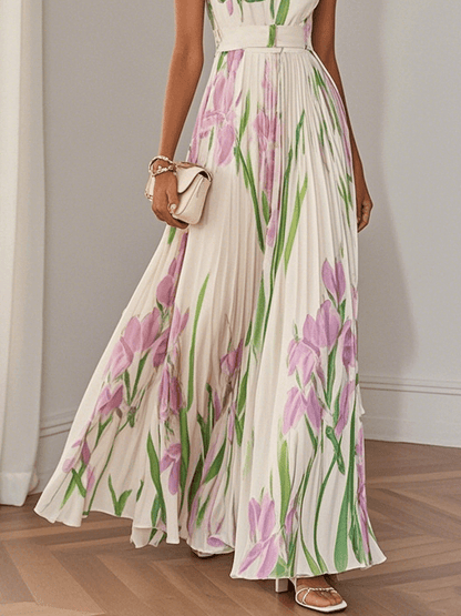 Marie White Pleated Floral Chiffon Maxi Dress