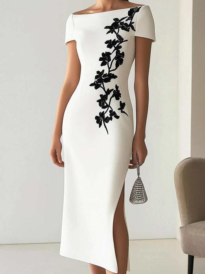 Audrey™ | Chic Floral Print Boat Neck Midi Dress Outfit