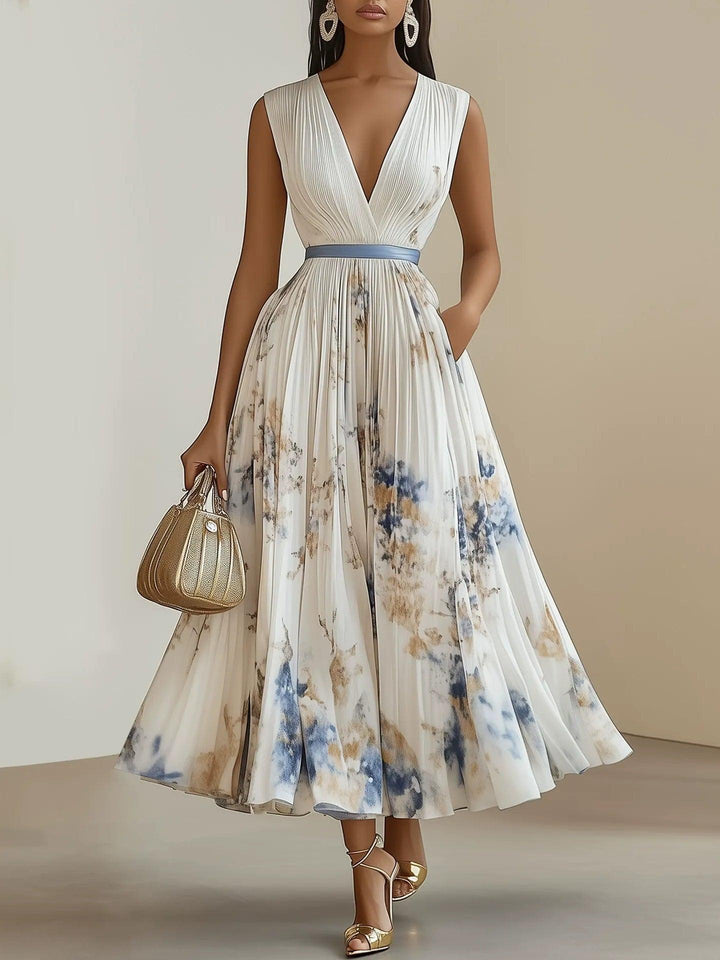 Chloe™ | White Floral Chiffon V-Neck Pleated Midi Dress