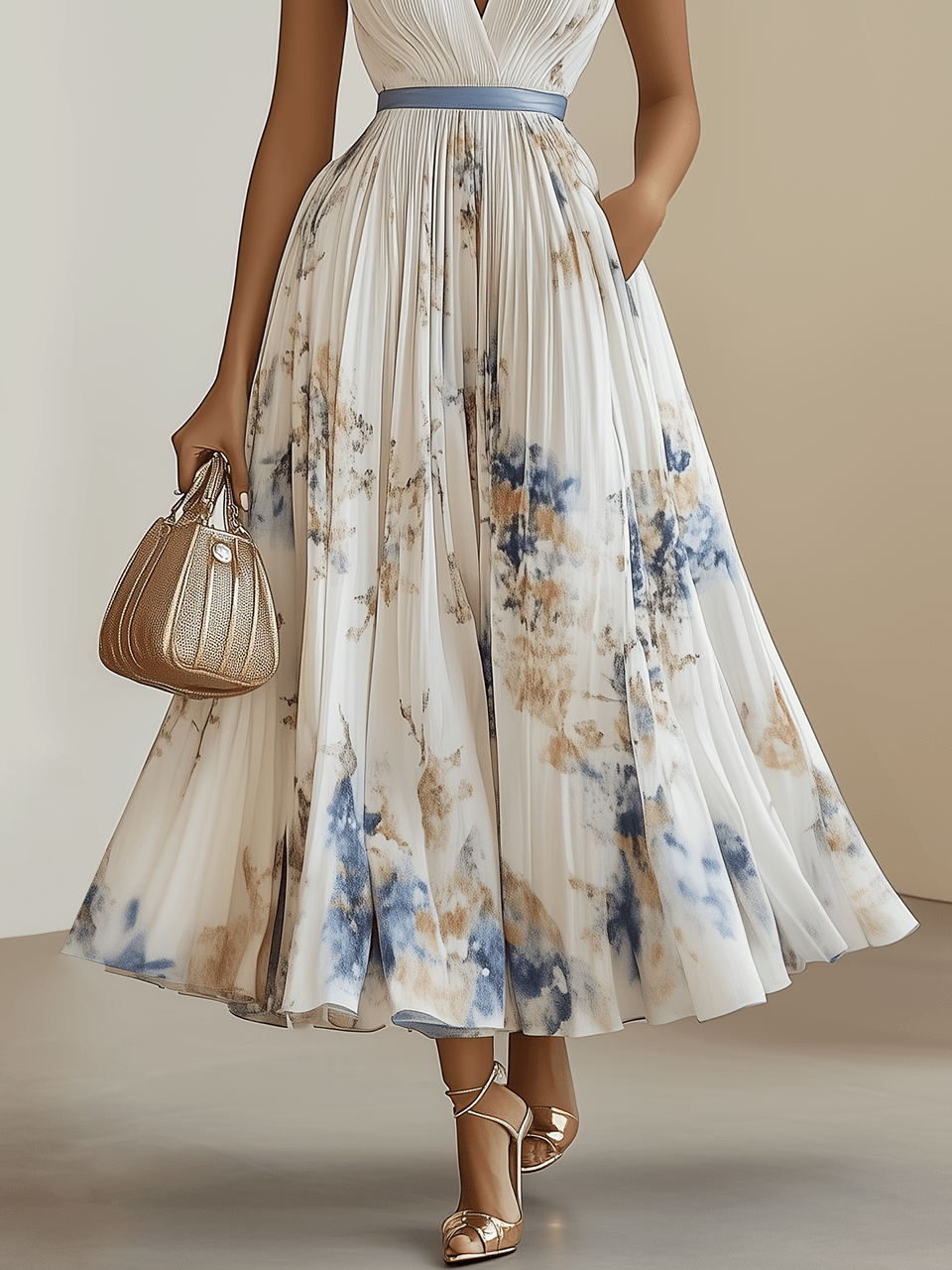 Chloe™ | White Floral Chiffon V-Neck Pleated Midi Dress