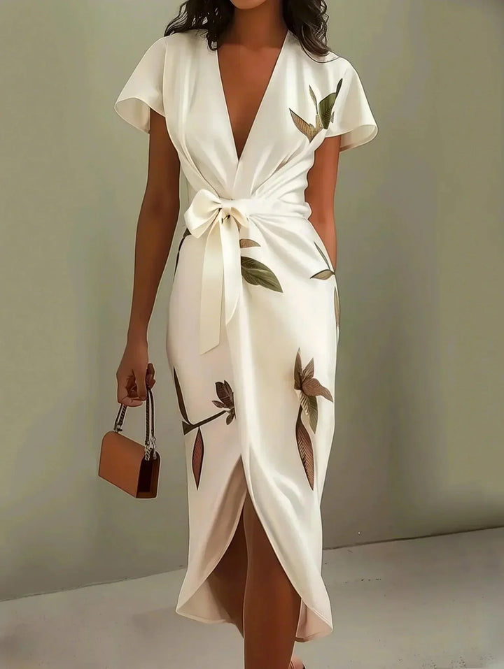 Judy™ | White Leaf Short Sleeve Satin Midi Dress