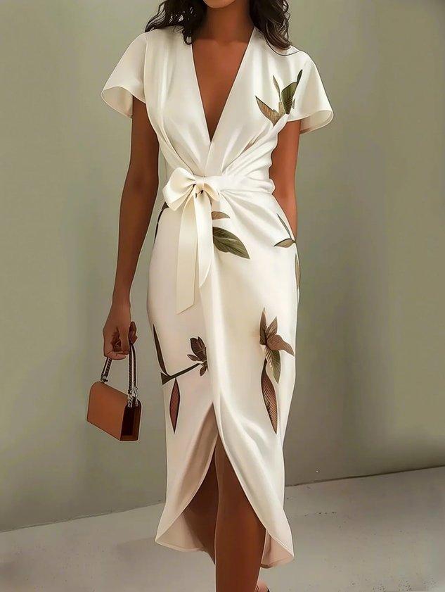 Judy™ | White Leaf Short Sleeve Satin Midi Dress