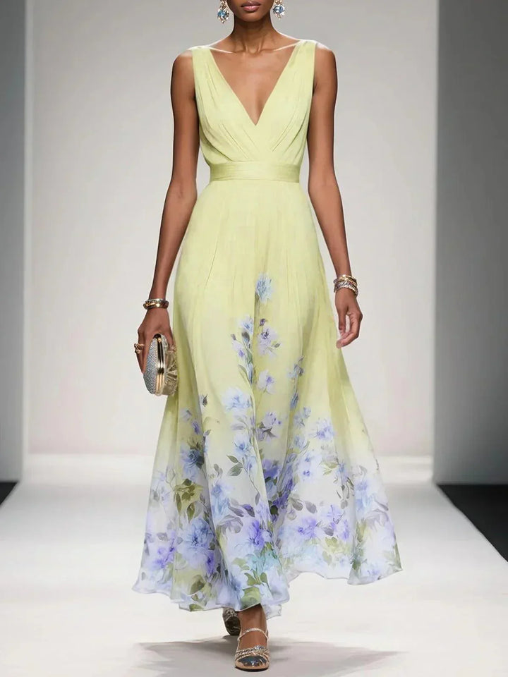 Rose™ | Light Blue Floral Chiffon V-Neck Maxi Dress
