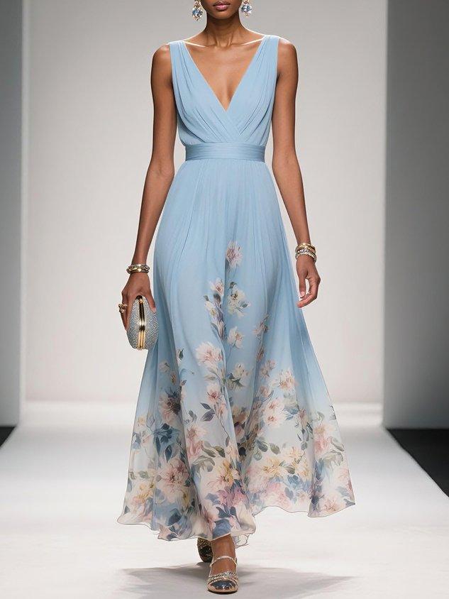 Rose™ | Light Blue Floral Chiffon V-Neck Maxi Dress
