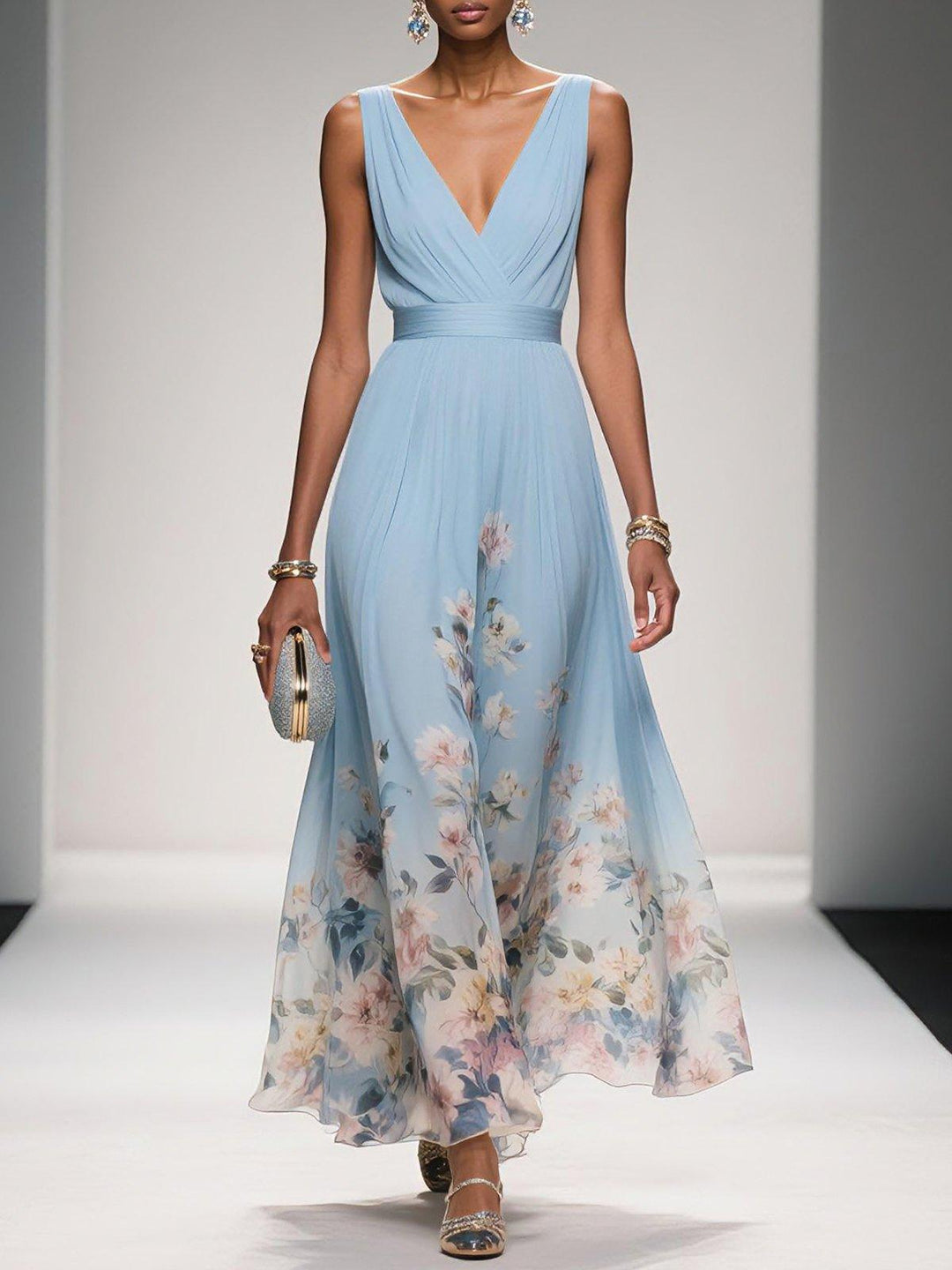 Rose™ | Light Blue Floral Chiffon V-Neck Maxi Dress