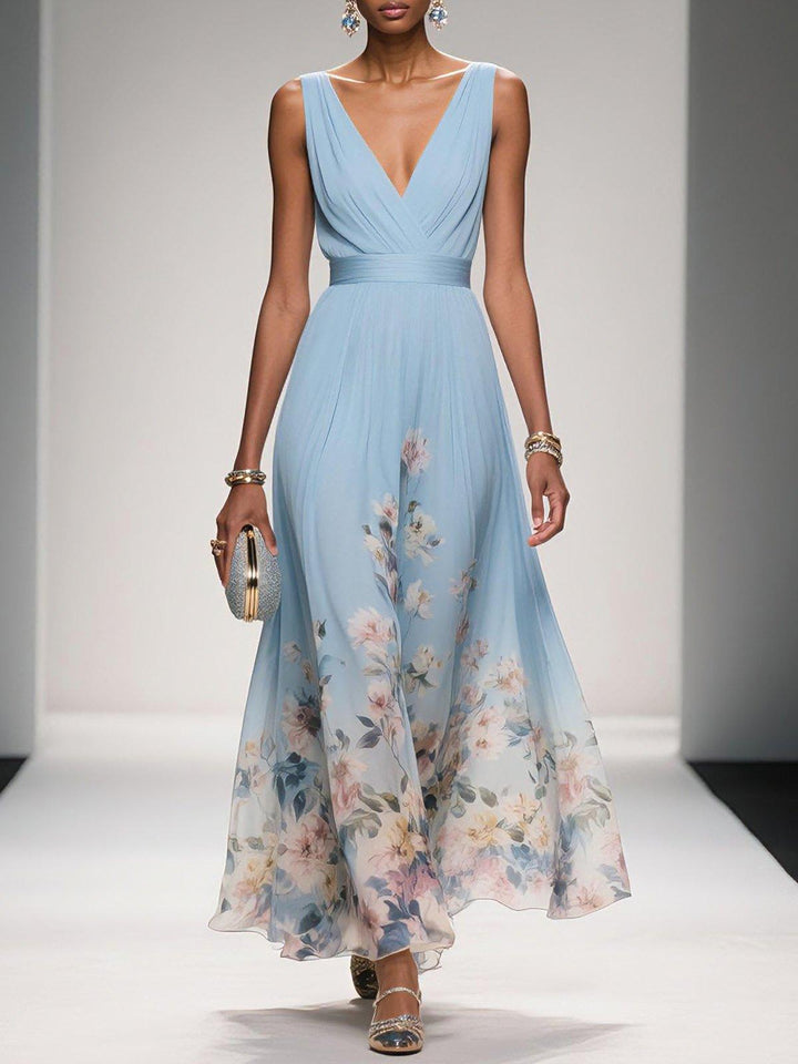 Rose™ | Light Blue Floral Chiffon V-Neck Maxi Dress