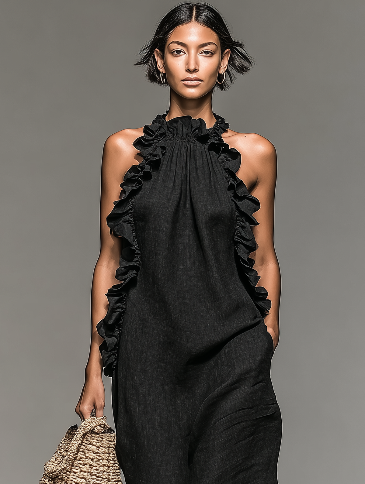 Brielle Linen Blend Ruffle Maxi Dress