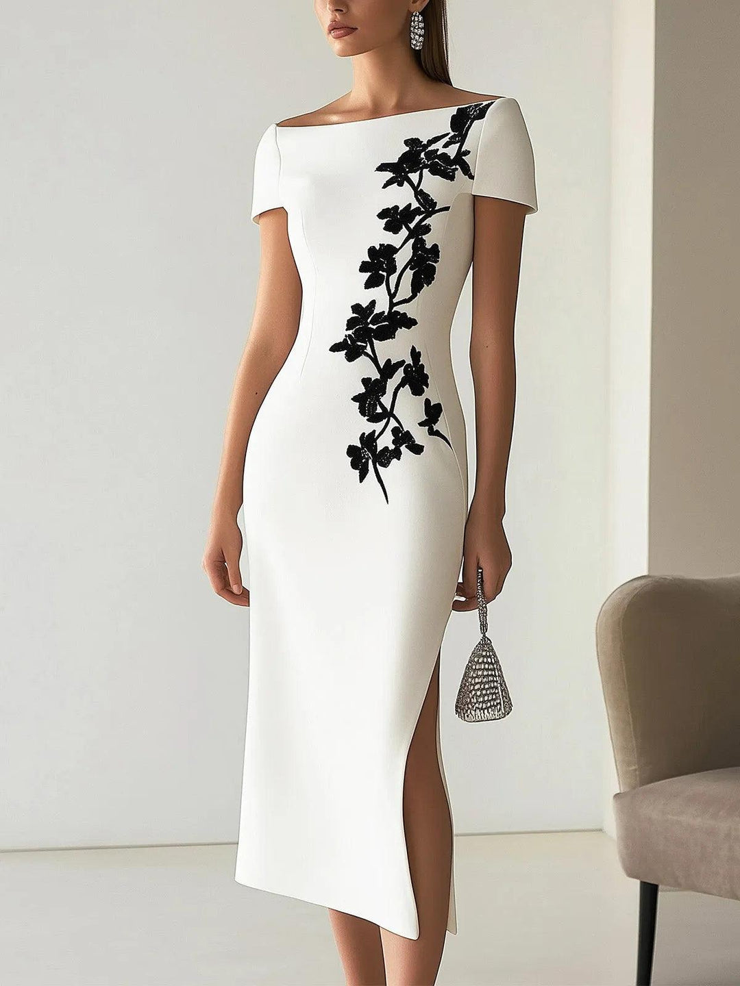 Audrey™ | Chic Floral Print Boat Neck Midi Dress Outfit