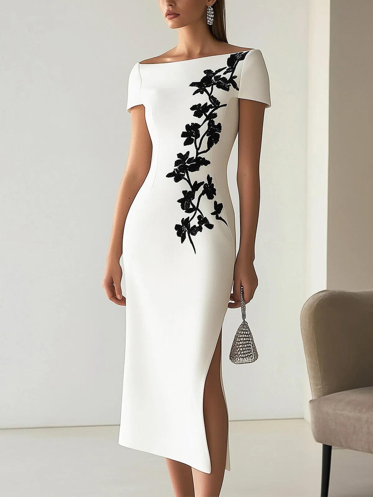 Audrey Chic Floral Print Boat Neck Midi Dress Outfit