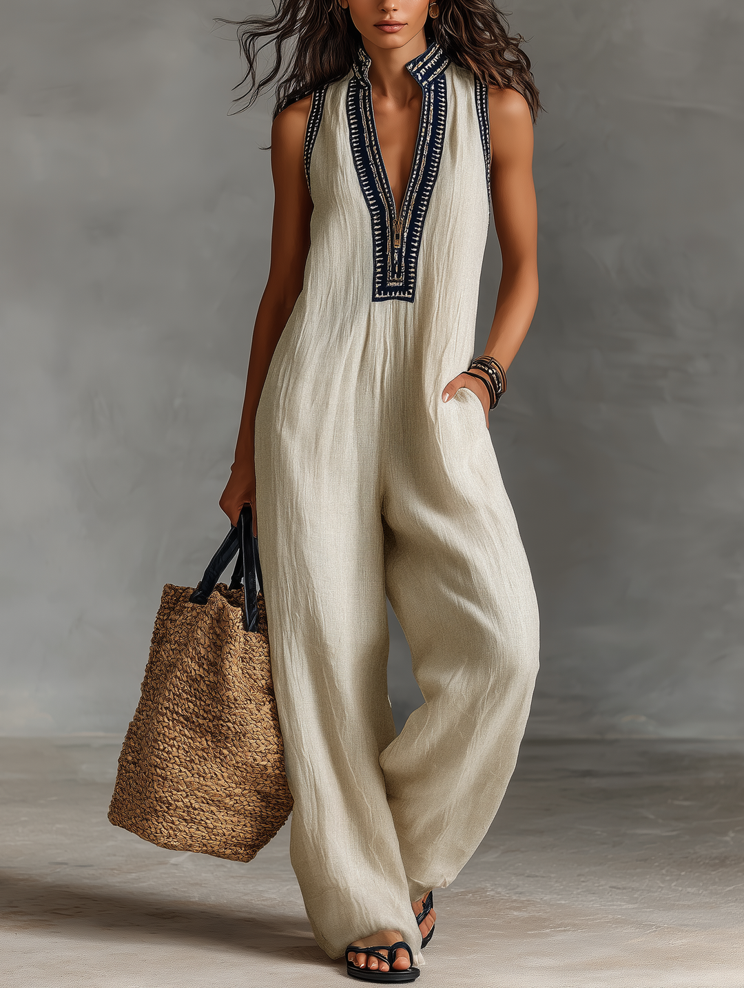 Darcie Linen Blend Embroidered Jumpsuit