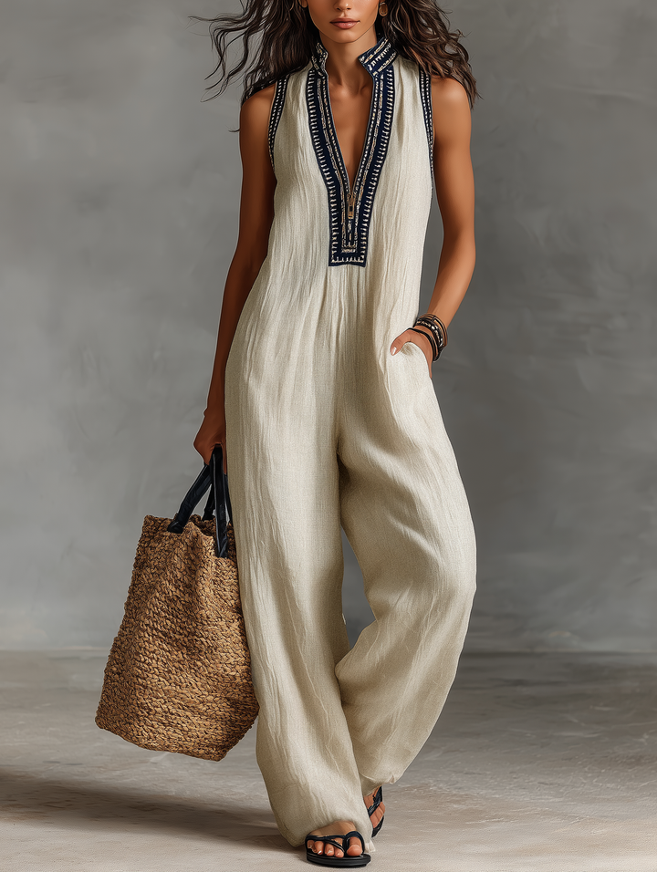 Darcie Linen Blend Embroidered Jumpsuit