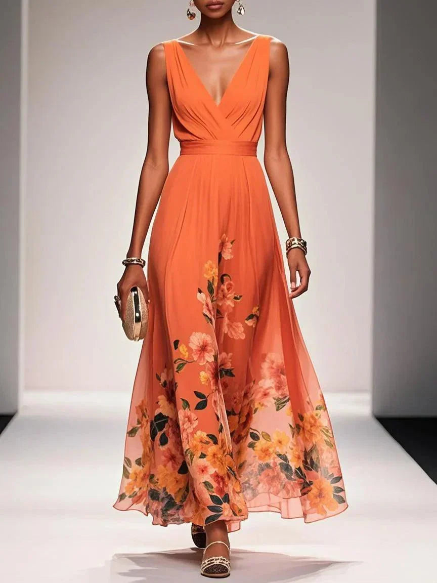 Rose™ | Light Blue Floral Chiffon V-Neck Maxi Dress