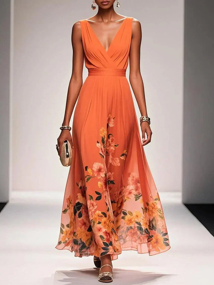 Rose™ | Light Blue Floral Chiffon V-Neck Maxi Dress