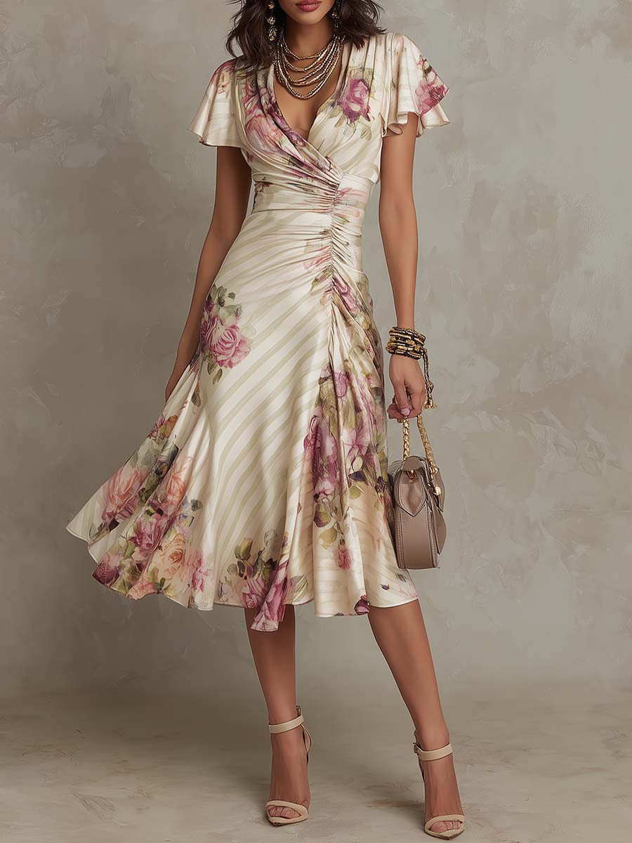 Margaret Vintage Floral Satin Midi Dress