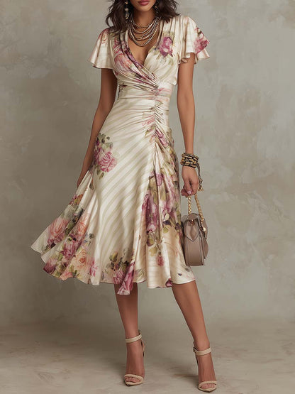 Margaret Vintage Floral Satin Midi Dress