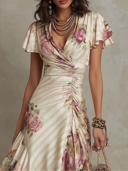 Margaret Vintage Floral Satin Midi Dress