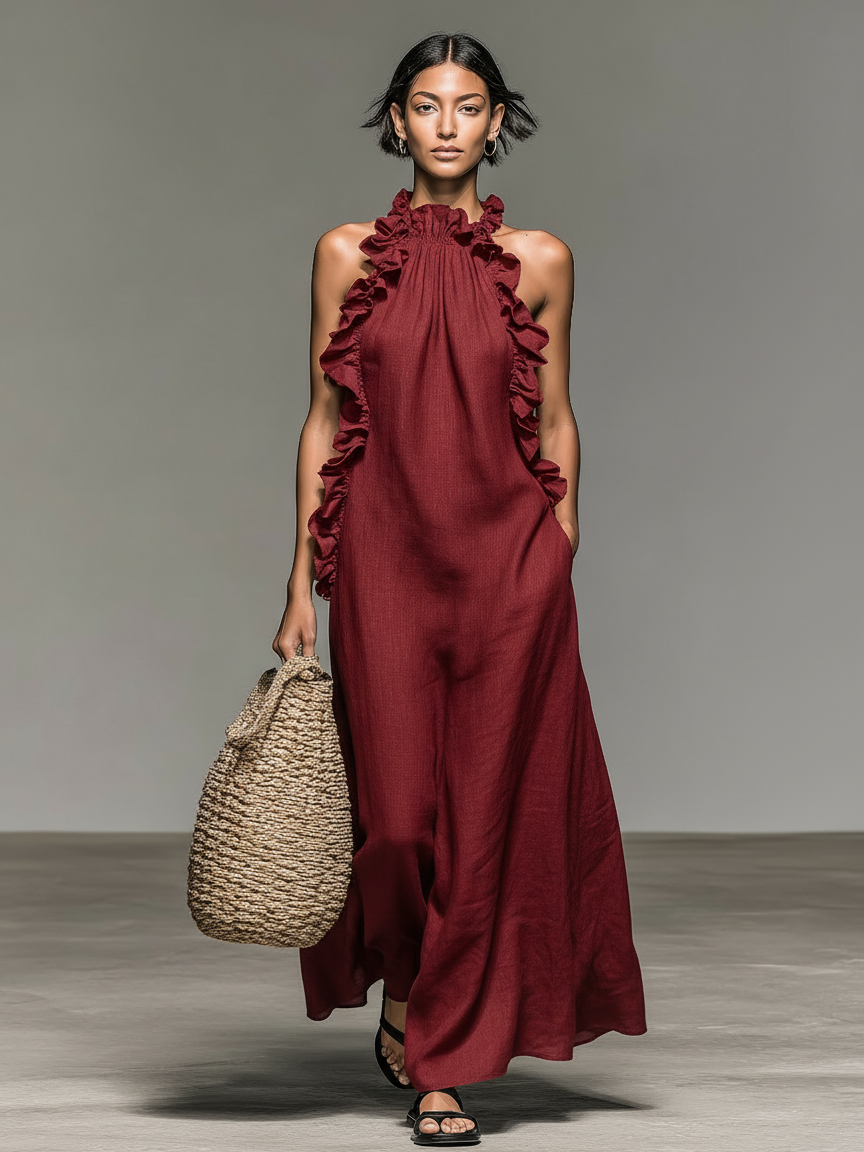 Brielle Linen Blend Ruffle Maxi Dress