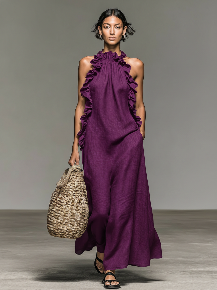 Brielle Linen Blend Ruffle Maxi Dress