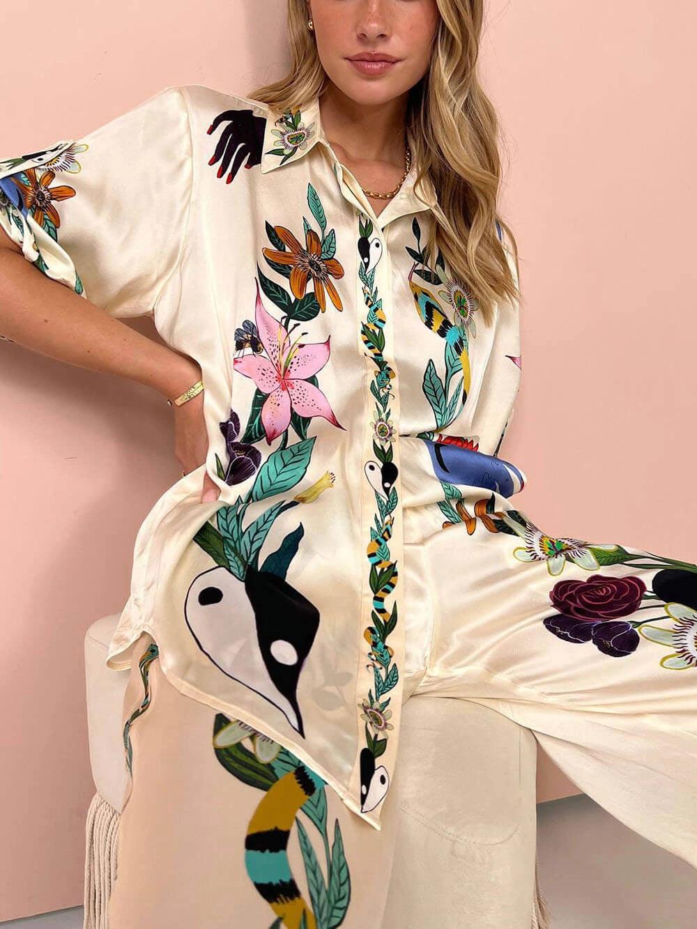 Nika™ | Resort Vibes Satin unique print shirt & trousers set Fit