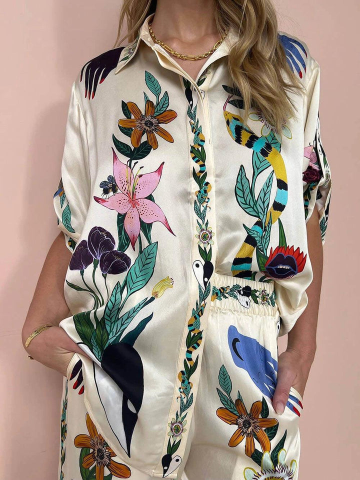 Nika™ | Resort Vibes Satin unique print shirt & trousers set Fit