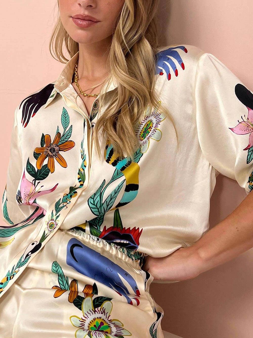 Nika™ | Resort Vibes Satin unique print shirt & trousers set Fit