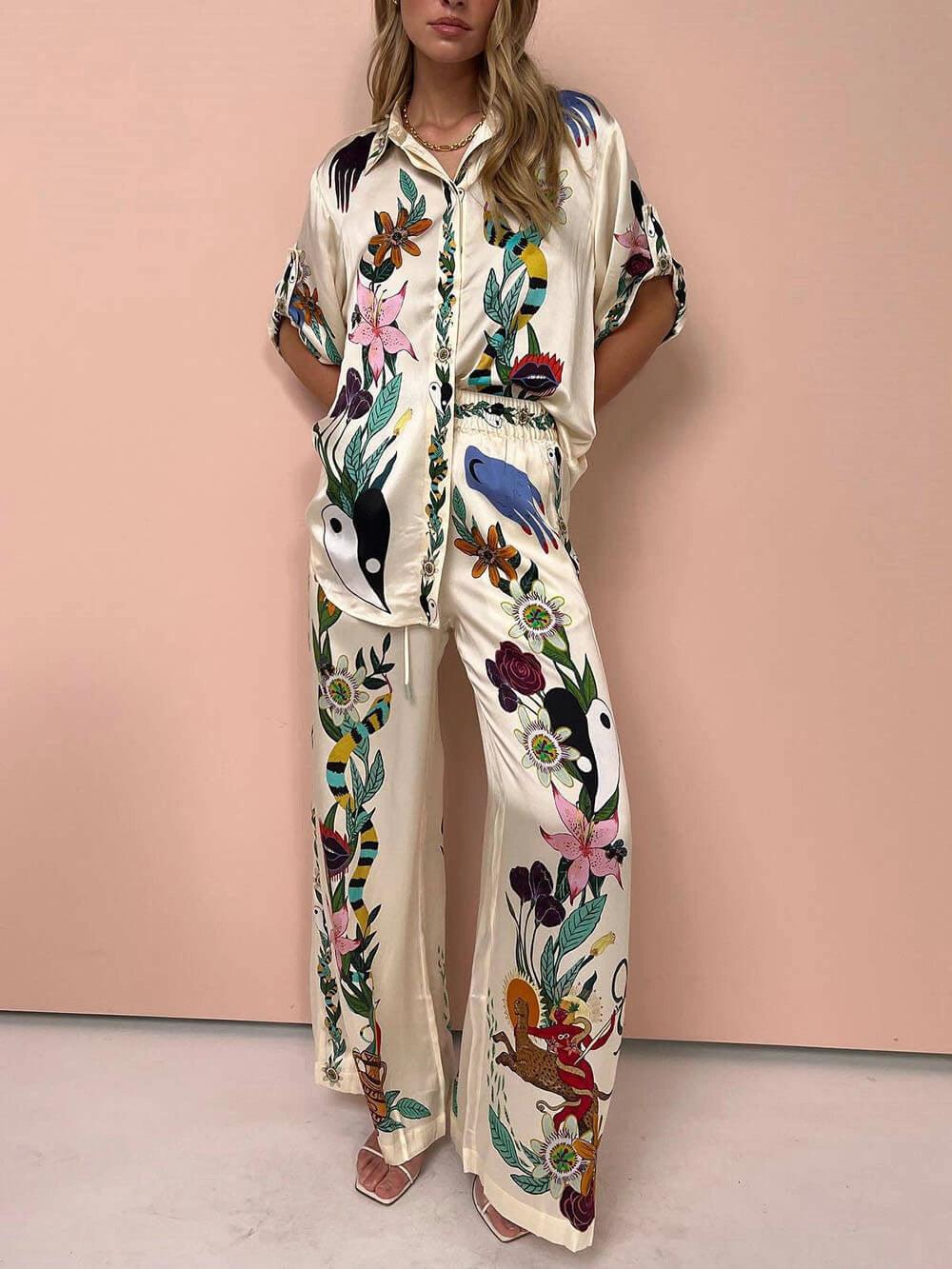 Nika™ | Resort Vibes Satin unique print shirt & trousers set Fit