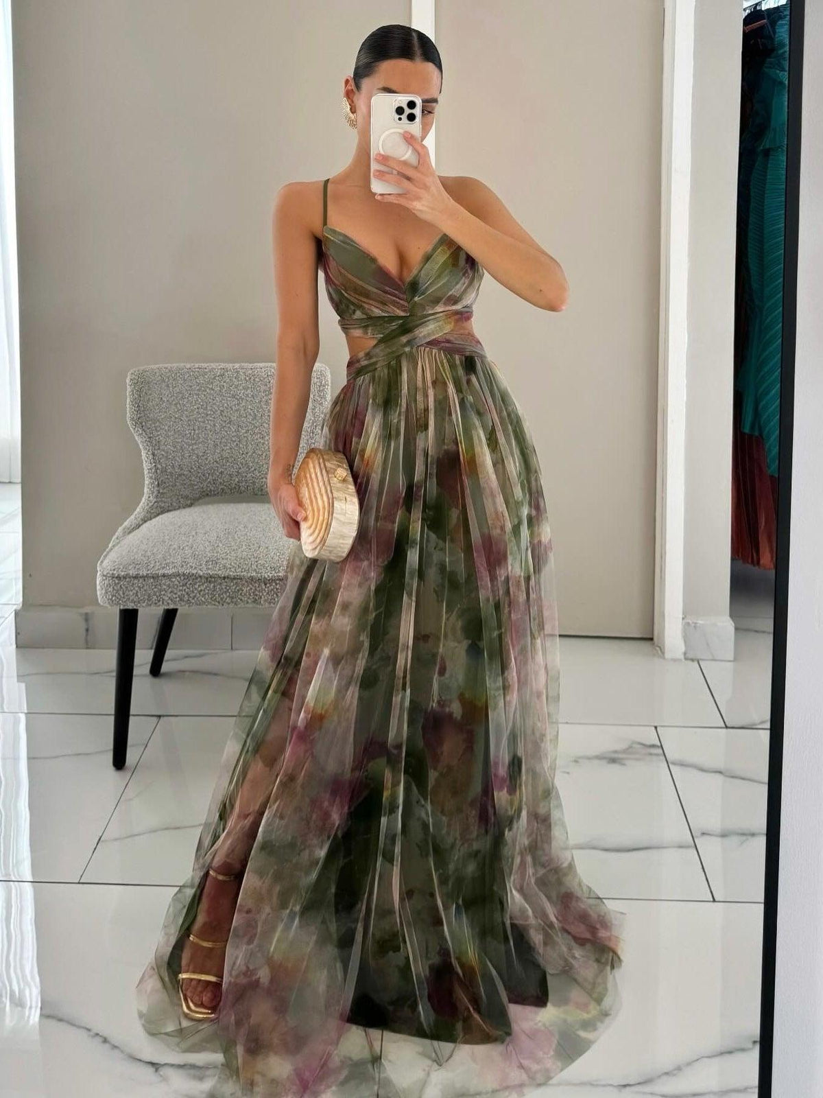Karen Painted Floral Print V-Neck Maxi Dress